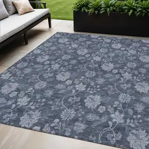 Photo of Denim Blue And Navy Blue Floral Washable Indoor Outdoor Area Rug