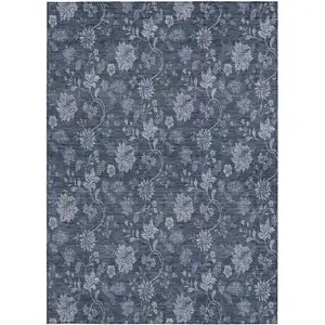 Photo of Denim Blue And Navy Blue Floral Washable Indoor Outdoor Area Rug