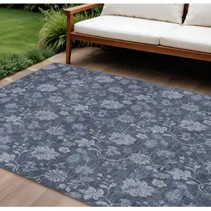 Photo of Denim Blue And Navy Blue Floral Washable Indoor Outdoor Area Rug