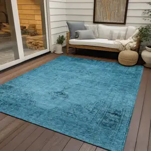 Photo of Denim Blue And Navy Blue Oriental Washable Indoor Outdoor Area Rug