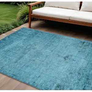 Photo of Denim Blue And Navy Blue Oriental Washable Indoor Outdoor Area Rug