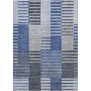 Photo of Denim Blue And Navy Blue Striped Washable Indoor Outdoor Area Rug