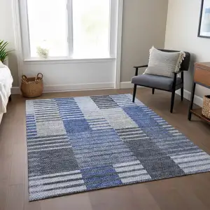 Photo of Denim Blue And Navy Blue Striped Washable Indoor Outdoor Area Rug