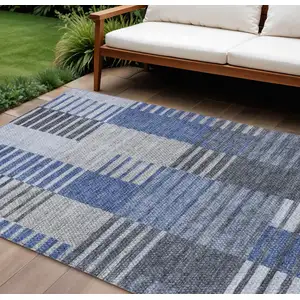 Photo of Denim Blue And Navy Blue Striped Washable Indoor Outdoor Area Rug