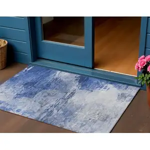 Photo of Denim Blue And Sky Blue Abstract Washable Indoor Outdoor Area Rug