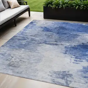 Photo of Denim Blue And Sky Blue Abstract Washable Indoor Outdoor Area Rug