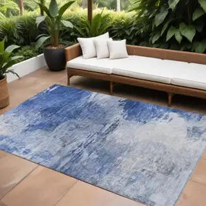 Photo of Denim Blue And Sky Blue Abstract Washable Indoor Outdoor Area Rug