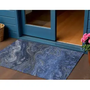 Photo of Denim Blue And Sky Blue Abstract Washable Indoor Outdoor Area Rug