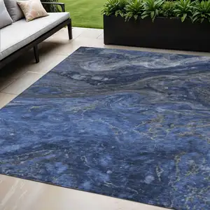 Photo of Denim Blue And Sky Blue Abstract Washable Indoor Outdoor Area Rug