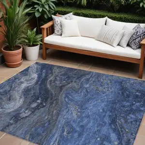 Photo of Denim Blue And Sky Blue Abstract Washable Indoor Outdoor Area Rug