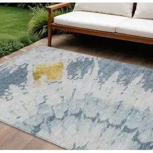 Photo of Denim Blue And Sky Blue Abstract Washable Indoor Outdoor Area Rug