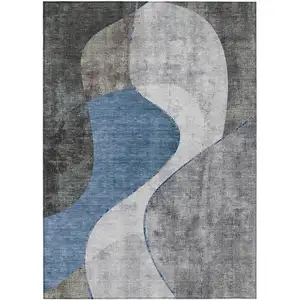 Photo of Denim Blue And Sky Blue Abstract Washable Indoor Outdoor Area Rug