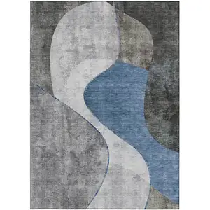 Photo of Denim Blue And Sky Blue Abstract Washable Indoor Outdoor Area Rug