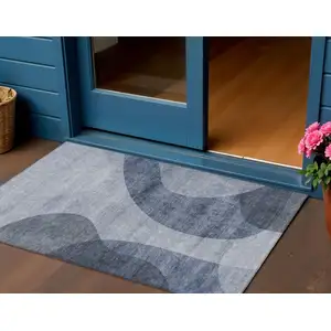 Photo of Denim Blue And Sky Blue Abstract Washable Indoor Outdoor Area Rug