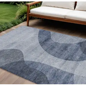 Photo of Denim Blue And Sky Blue Abstract Washable Indoor Outdoor Area Rug