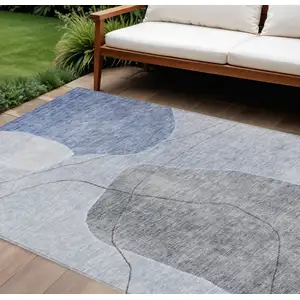 Photo of Denim Blue And Sky Blue Abstract Washable Indoor Outdoor Area Rug