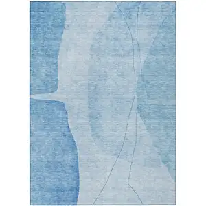 Photo of Denim Blue And Sky Blue Abstract Washable Indoor Outdoor Area Rug