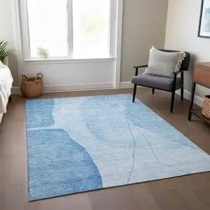 Photo of Denim Blue And Sky Blue Abstract Washable Indoor Outdoor Area Rug