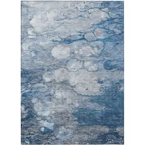 Photo of Denim Blue And Sky Blue Abstract Washable Indoor Outdoor Area Rug