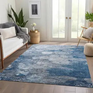 Photo of Denim Blue And Sky Blue Abstract Washable Indoor Outdoor Area Rug