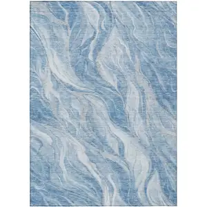 Photo of Denim Blue And Sky Blue Abstract Washable Indoor Outdoor Area Rug