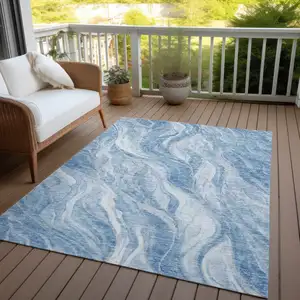 Photo of Denim Blue And Sky Blue Abstract Washable Indoor Outdoor Area Rug