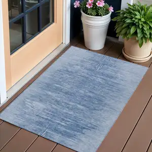 Photo of Denim Blue And Sky Blue Abstract Washable Indoor Outdoor Area Rug