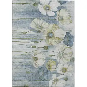 Photo of Denim Blue And Sky Blue Floral Washable Indoor Outdoor Area Rug