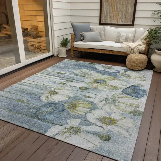 Denim Blue And Sky Blue Floral Washable Indoor Outdoor Area Rug Photo 7