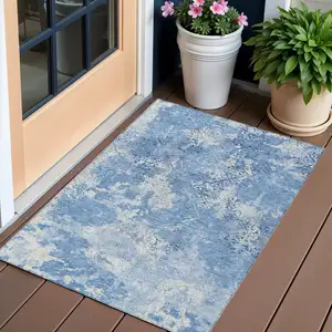 Photo of Denim Blue And Sky Blue Floral Washable Indoor Outdoor Area Rug