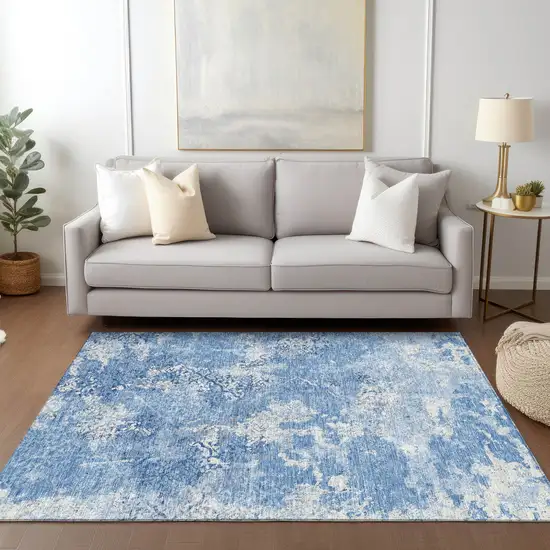 Denim Blue And Sky Blue Floral Washable Indoor Outdoor Area Rug Photo 8