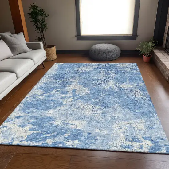 Denim Blue And Sky Blue Floral Washable Indoor Outdoor Area Rug Photo 7