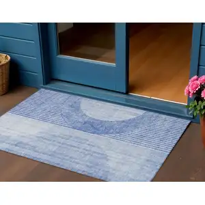 Photo of Denim Blue And Sky Blue Geometric Washable Indoor Outdoor Area Rug