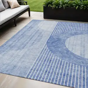 Photo of Denim Blue And Sky Blue Geometric Washable Indoor Outdoor Area Rug