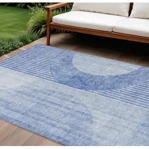 Photo of Denim Blue And Sky Blue Geometric Washable Indoor Outdoor Area Rug