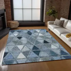 Photo of Denim Blue And Sky Blue Geometric Washable Indoor Outdoor Area Rug