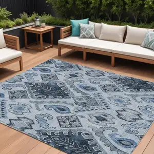 Photo of Denim Blue And Sky Blue Moroccan Washable Indoor Outdoor Area Rug