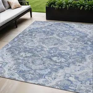 Photo of Denim Blue And Sky Blue Oriental Washable Indoor Outdoor Area Rug