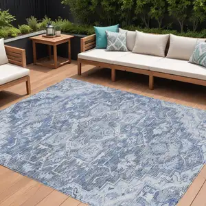 Photo of Denim Blue And Sky Blue Oriental Washable Indoor Outdoor Area Rug