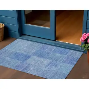 Photo of Denim Blue And Sky Blue Patchwork Washable Indoor Outdoor Area Rug