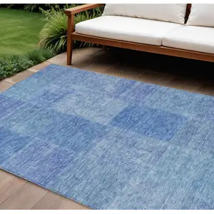 Photo of Denim Blue And Sky Blue Patchwork Washable Indoor Outdoor Area Rug