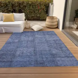 Photo of Denim Blue And Sky Blue Patchwork Washable Indoor Outdoor Area Rug