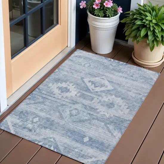 Denim Blue And Sky Blue Southwestern Washable Indoor Outdoor Area Rug Photo 1