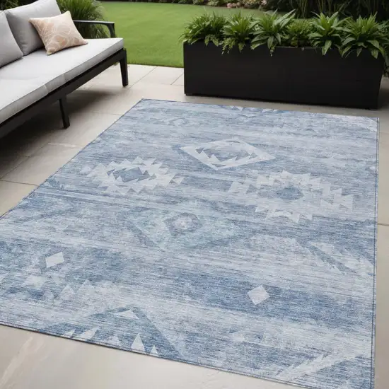 Denim Blue And Sky Blue Southwestern Washable Indoor Outdoor Area Rug Photo 1