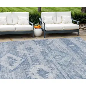 Photo of Denim Blue And Sky Blue Southwestern Washable Indoor Outdoor Area Rug