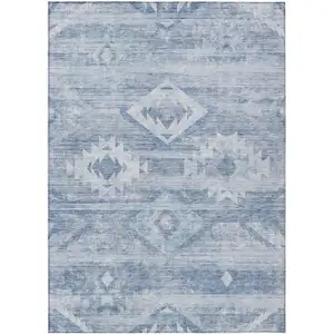 Photo of Denim Blue And Sky Blue Southwestern Washable Indoor Outdoor Area Rug