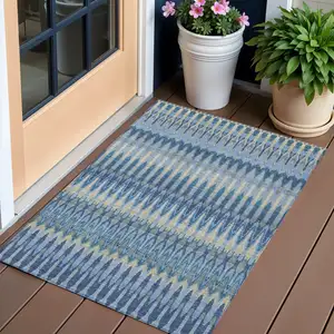 Photo of Denim Blue And Sky Blue Southwestern Washable Indoor Outdoor Area Rug