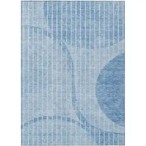 Photo of Denim Blue And Sky Blue Striped Washable Indoor Outdoor Area Rug