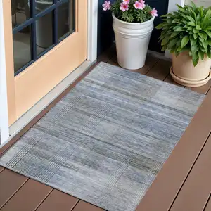 Photo of Denim Blue And Sky Blue Striped Washable Indoor Outdoor Area Rug