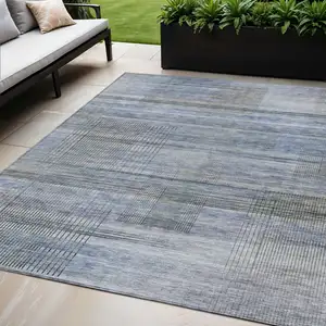 Photo of Denim Blue And Sky Blue Striped Washable Indoor Outdoor Area Rug